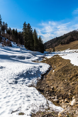 Alpine landscape at the end of winter, partly covered with snow, vertical, copy spaceの写真素材