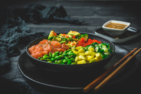 Japanese poke or buddha bowl with salmon, avocado, roe, mango, pies and cucumber in a black bowl on black backgroundの写真素材