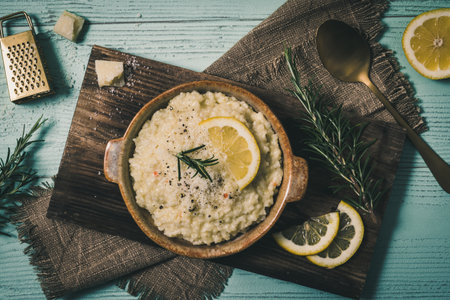 Lemon rice risotto with rosemary and fresh lemon slices on a light green background, top viewの写真素材