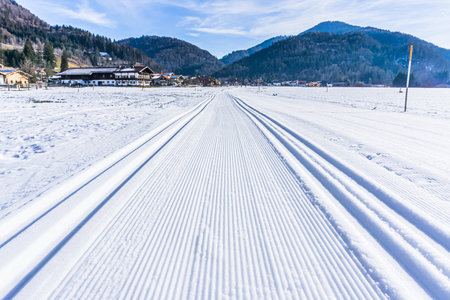 Two freshly groomed trails for cross country skiing on a winter morningの写真素材