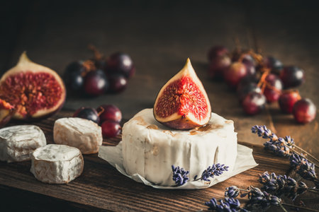 Whole round soft cheese with fig and honey on dark rustic woodの写真素材