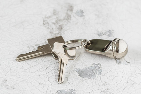 Key ring with two keys and tag on a white background, copy space