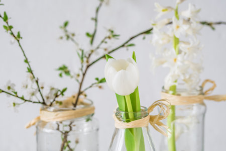 Spring flowers in glasses on white backgroundの写真素材