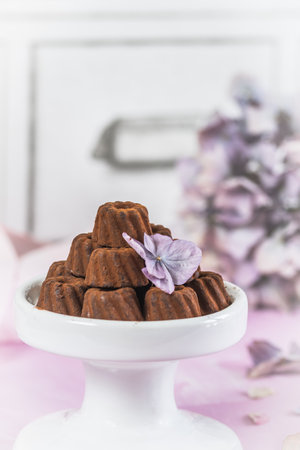 Chocolate pralines in the form of small Bundt cakes, dusted with cocoa, on a light pink background, decorated with hydrangea blossomの写真素材