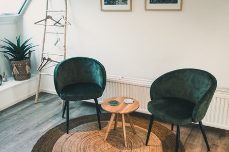 Two cozy dark green velvet armchairs and a wooden coffee table on a round sisal rugの写真素材