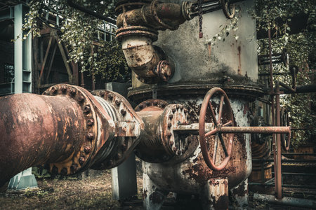 Heavily rusted pipes and pipes with peeling paint of an old disused derelict factoryの写真素材