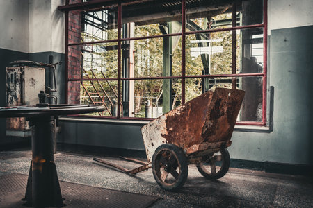 Rusty wheelbarrow in old factory buildingの写真素材