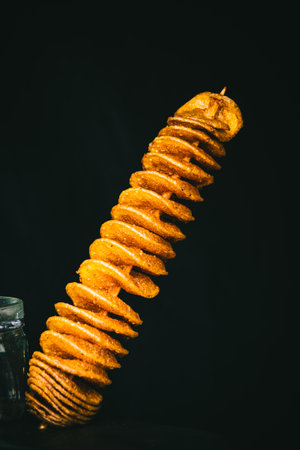 Crispy salty fried tornado potato chips on a stick, street food, finger food. Copy space.の写真素材