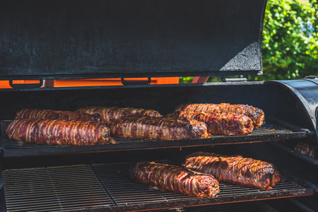 Large barbecue smoker grill at a public festival. Meat and bacon prepared in a barbecue smoker. Copy...