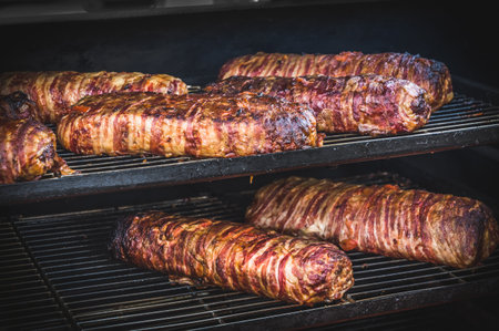 Large barbecue smoker grill at a public festival. Meat and bacon prepared in a barbecue smoker.の写真素材