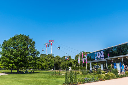 Mannheim, Germany - May 26, 2023: Cable car station. The cable car connects the Luisenpark with the Spinelli Park during the Bundesgartenschau (federal horticulture show).のeditorial素材