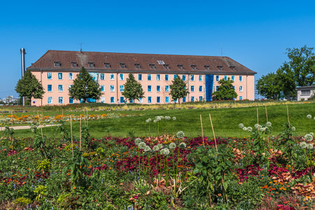 Mannheim, Germany - May 26, 2023: Building on the site of the former US army, where the Bundesgartenschau (federal horticulture show) takes place in 2023.のeditorial素材