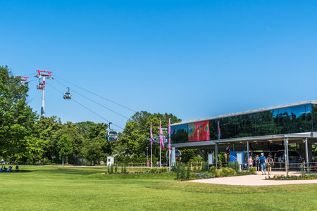 Mannheim, Germany - May 26, 2023: Cable car station. The cable car connects the Luisenpark with the Spinelli Park during the Bundesgartenschau (federal horticulture show).のeditorial素材