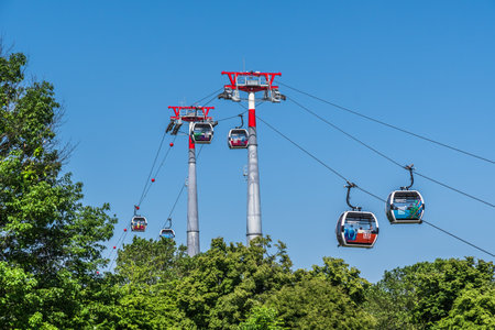 Mannheim, Germany - May 26th, 2023: The cable car connects the Luisenpark with the Spinelli Park during the Bundesgartenschau (federal horticulture show).のeditorial素材