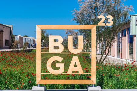 Mannheim, Germany - May 26th, 2023: The logo of the Bundesgartenschau (abbr. BUGA) which is a biennial federal horticulture show in Germany. Taking place in different cities, the location changes in a two-year cycle.のeditorial素材