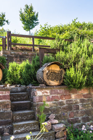 Natural garden with stone stairs, native plants and insect hotels, bug hotels, insect houses. Natural gardening concept. vertical.の写真素材