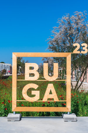 Mannheim, Germany - May 26th, 2023: The logo of the Bundesgartenschau (abbr. BUGA) which is a biennial federal horticulture show in Germany. Taking place in different cities, the location changes in a two-year cycle.のeditorial素材