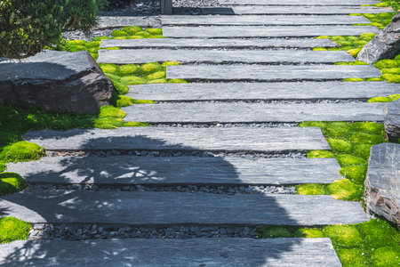Path with wide stone slabs leads through a Japanese gardenの写真素材