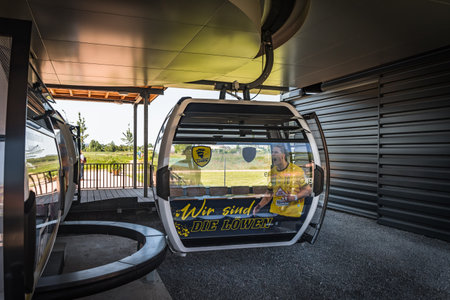 Mannheim, Germany - May 26th, 2023: Cabin of cable car at the Bundesgartenschau (federal...