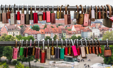Two poles with love locks, in the background houses of Erfurt, Germany, focus on the love locksの写真素材