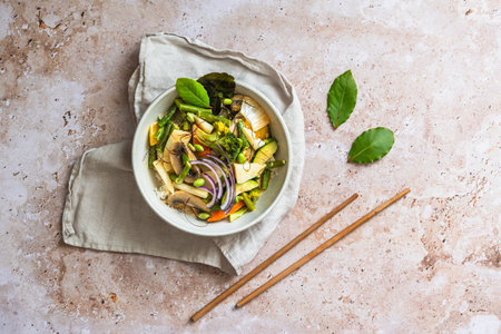 Bowl with Asian vegetables, vegan curry, healthy food. Top view.の写真素材