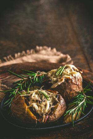 Baked potatoes with mushrooms, sour cream and cheese on a rustic wooden background, vertical with copy spaceの写真素材