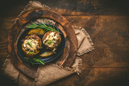 Two baked potatoes with mushrooms, sour cream and cheese on a rustic wooden background, top view, copy spaceの写真素材