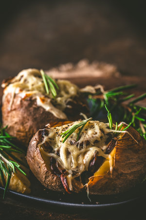 Baked potatoes with mushrooms, sour cream and cheese on a rustic wooden background, vertical with copy spaceの写真素材