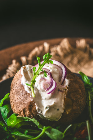 Baked potato with sour cream, onions and arugula leaves on a black plate on rustic wooden table, vertical with copy spaceの写真素材