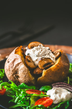 Baked potato with mushrooms and sour cream, onions and arugula leaves on a black plate, vertical with copy spaceの写真素材