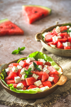 Fresh watermelon salad with feta cheese and mint on beige textured background, decorated with a sprig of mint, verticalの写真素材