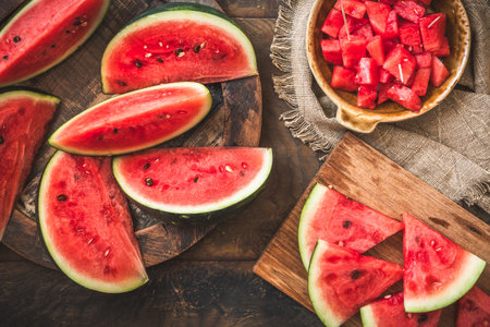 Sliced and chunky fresh watermelon on rustic wooden background, top viewの写真素材