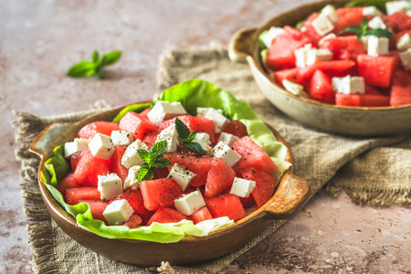 Fresh watermelon salad with feta cheese and mint on beige textured background, decorated with a sprig of mintの写真素材