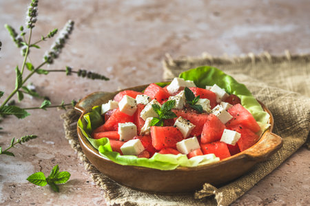 Fresh watermelon salad with feta cheese and mint on beige textured background, decorated with a sprig of mint, copy spaceの写真素材