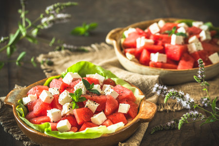 Fresh watermelon salad with feta cheese and mint on rustic wooden background, decorated with a sprig of mintの写真素材