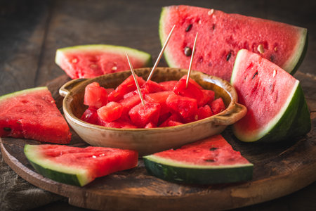 Sliced and chunky fresh watermelon on rustic wooden background, prepared for eatingの写真素材