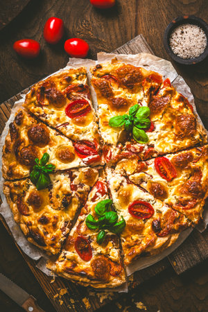 Whole tomato quiche with basil on wooden background, top viewの写真素材