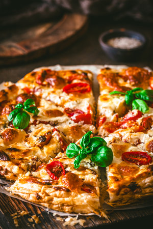 Whole tomato quiche with basil on wooden background, vertical, closeupの写真素材