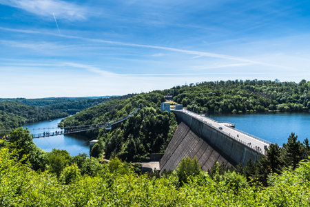 Rappbodetalsperre and the almost 500 m long suspension bridge in the German Harz mountainsの写真素材