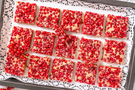 Pieces of summer pie with red currants, top viewの写真素材