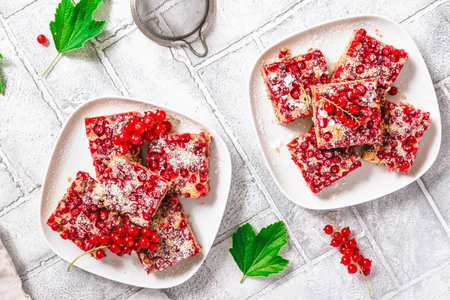 Two plates with pieces of red currant pie, top viewの写真素材
