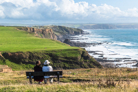 Bench with view of the cliffs on the north Cornish coast near Bude, England, UKの写真素材