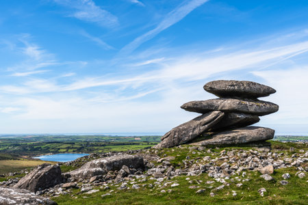 Rough Tor or Roughtor is a tor on Bodmin Moor, Cornwall, England, and is Cornwall's second highest point. It is approximately one mile northwest of Brown Willy, Cornwall's highest point. Copy space.の写真素材