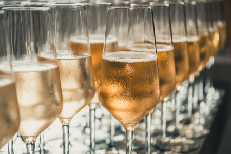 A row of glasses filled with champagne are lined up ready to be servedの写真素材