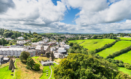 An aerial view of the town and countryside around Launceston, Cornwall, UKの写真素材