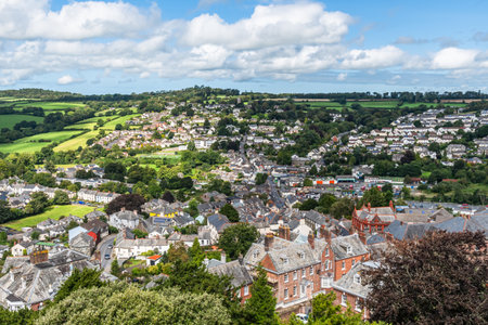 An aerial view of the town and countryside around Launceston, Cornwall, UKの写真素材
