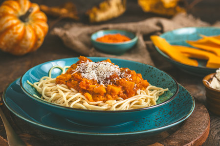 Spaghetti with homemade vegan Bolognese sauce made from red lentils and pumpkin on wooden background, turquoise earthenwareの写真素材