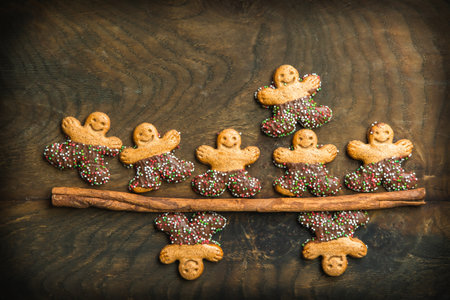 Sweet cookie characters with chocolate on a dark wooden background, copy spaceの写真素材