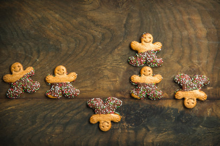 Sweet cookie characters with chocolate on a dark wooden background, copy spaceの写真素材