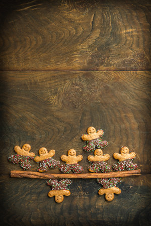 Sweet cookie characters with chocolate on a dark wooden background, vertical with copy spaceの写真素材